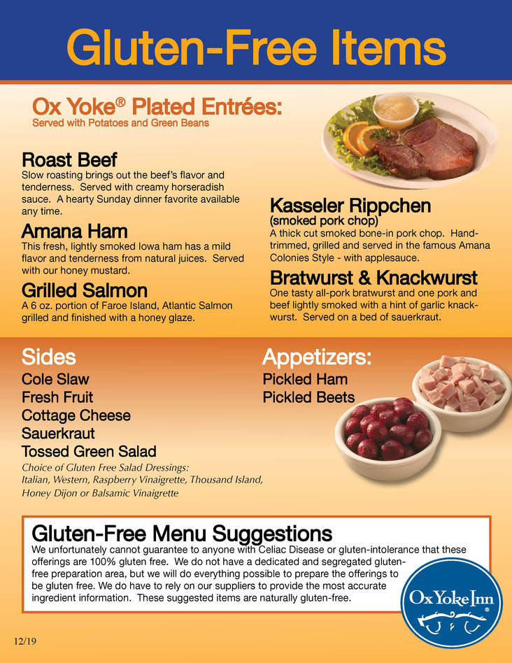 Gluten Free Menu Ox Yoke Inn Amana Colonies Best Restaurant